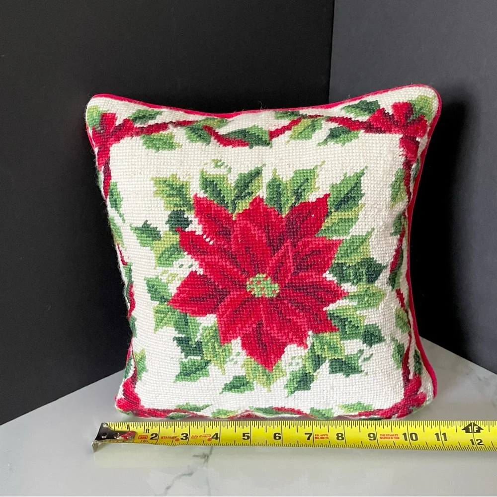 Poinsettia Needlepoint Holiday Pillow